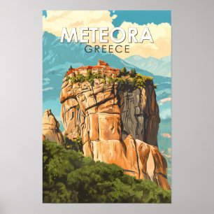 Póster Ilustración de viaje vintage de Meteora Grecia Art