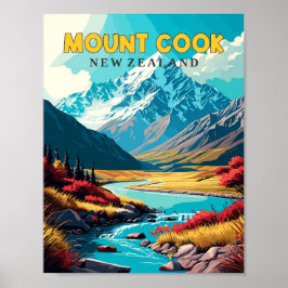 Póster Ilustracion de viaje vintage de Mount Cook en Nuev