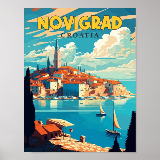 Póster Ilustracion de viaje vintage de Novigrad Croacia (Frente)