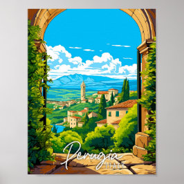 Póster Ilustracion de viaje vintage de Perugia Italia