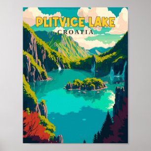 Póster Ilustracion de viaje vintage de Plitvice Lake Croa