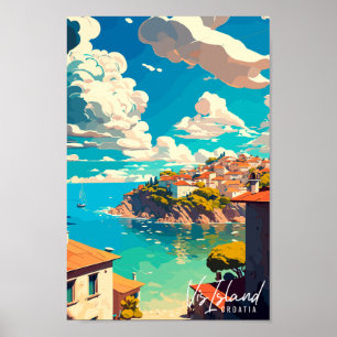Póster Ilustracion de viaje vintage de Vis Island Croatia
