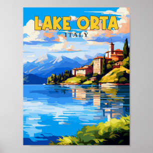 Póster Ilustracion de viaje vintage del Lago Orta Italia
