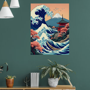 Póster Ilustracion de viaje vintage del Monte Fuji Japón