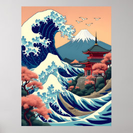 Póster Ilustracion de viaje vintage del Monte Fuji Japón