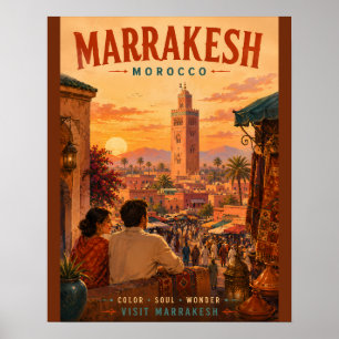 Póster Ilustración de viaje vintage Marrakesh Marruecos c