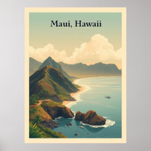 Póster Ilustración de viaje vintage Maui, Hawái