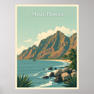 Póster Ilustración de viaje vintage Maui, Hawái