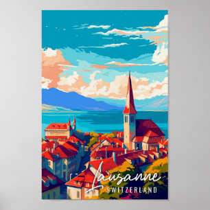 Póster Ilustracion de viajes añejo a Lausanne Suiza