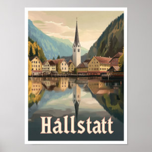 Póster Ilustracion de viajes artístico de Hallstatt Austr