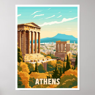 Póster Ilustracion de viajes artístico vintage de Atenas