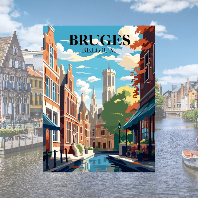 Póster Ilustracion de viajes Bruges Belgium (Bruges Belgium travel Poster)