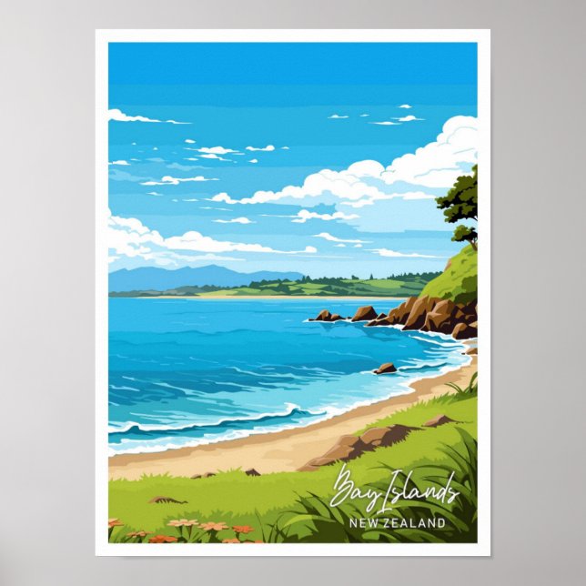 Póster Ilustracion de viajes de Nueva Zelanda de Bay Isla (Frente)
