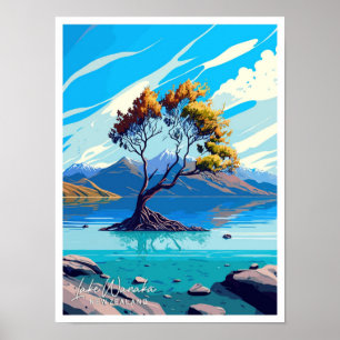 Póster Ilustracion de Viajes del Lago Wanaka Nueva Zeland