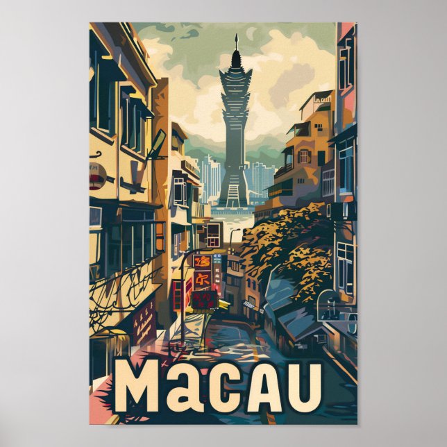 Póster Ilustracion de viajes retro de cosecha en Macao Ch (Frente)