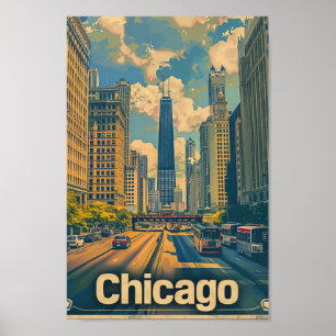 Póster Ilustracion de viajes Retro Vintage de Chicago Ill
