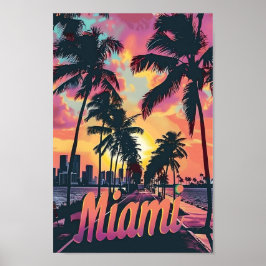 Póster Ilustracion de viajes retro vintage de Miami Flori