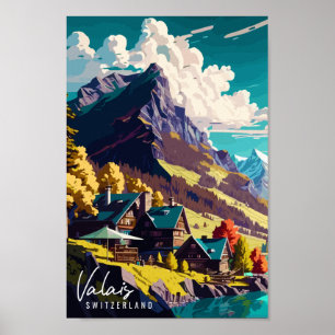 Póster Ilustracion de viajes valais Suiza