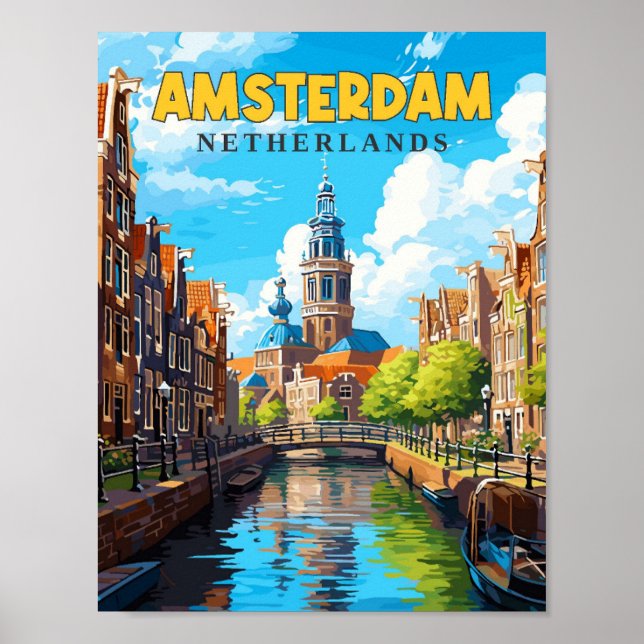 Póster Ilustracion de viajes vintage de Amsterdam (Frente)