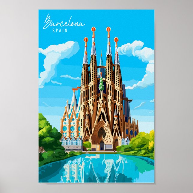 Póster Ilustracion de viajes vintage de Barcelona España (Frente)