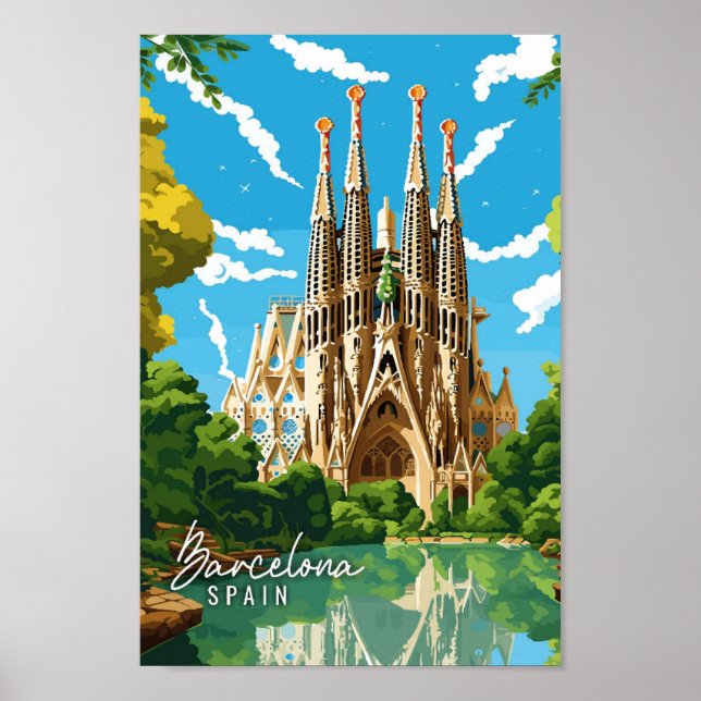 Póster Ilustracion de viajes vintage de Barcelona España (Frente)