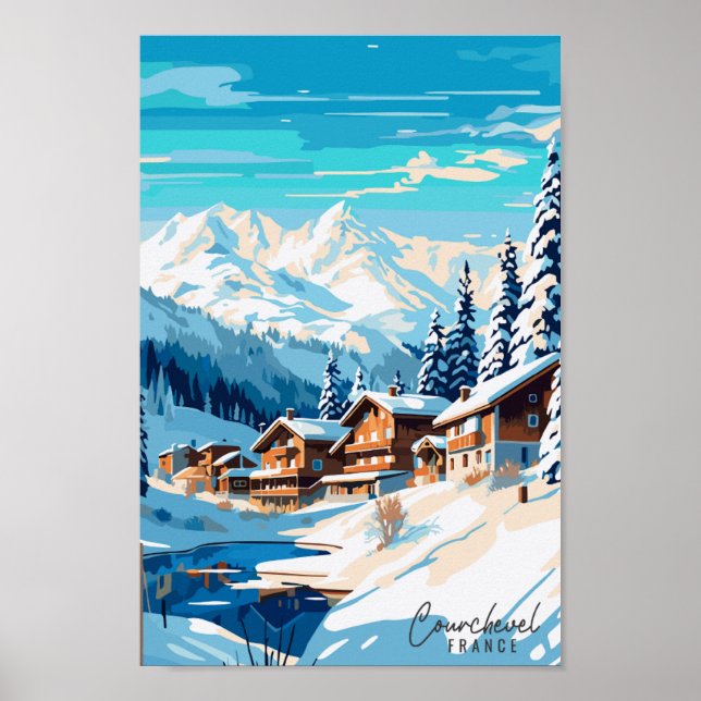 Póster Ilustracion de viajes vintage de Courchevel France (Frente)