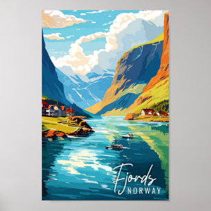 Póster Ilustracion de viajes vintage de Fjords Noruega