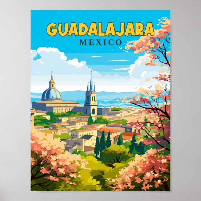Póster Ilustracion de viajes vintage de Guadalajara Méxic (Frente)