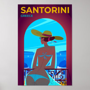 Póster Ilustracion de Viajes Vintage de Santorini Grecia