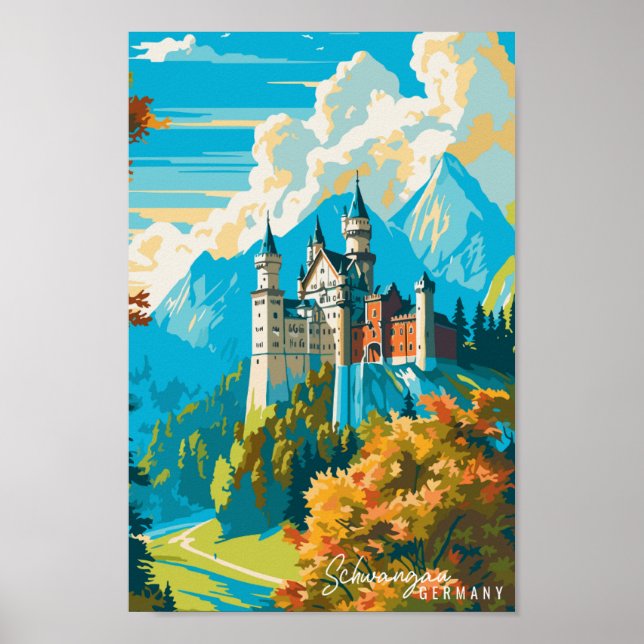 Póster Ilustracion de viajes vintage de Schawangau Aleman (Frente)