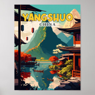 Póster Ilustracion de viajes vintage de Yangshuo China