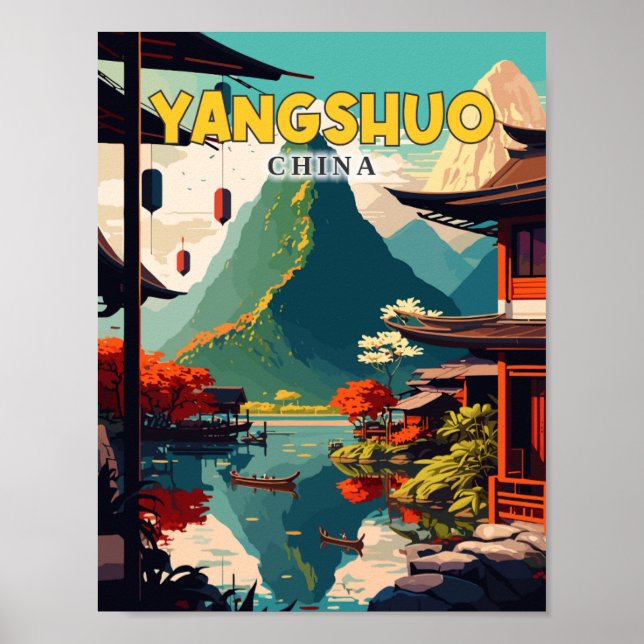 Póster Ilustracion de viajes vintage de Yangshuo China (Frente)