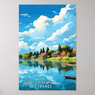 Póster Ilustracion de viajes vintage en Lake Paladru Fran