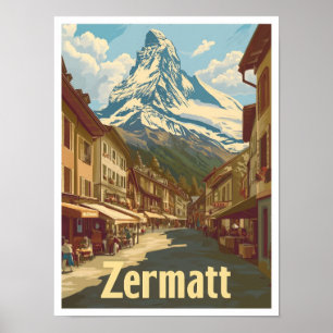 Póster Ilustracion de viajes Zermatt Suiza Vintage