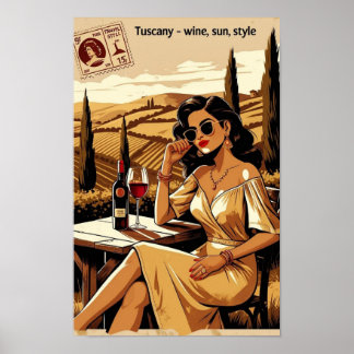Póster Ilustracion de viñedos de la Toscana Retro - Elega
