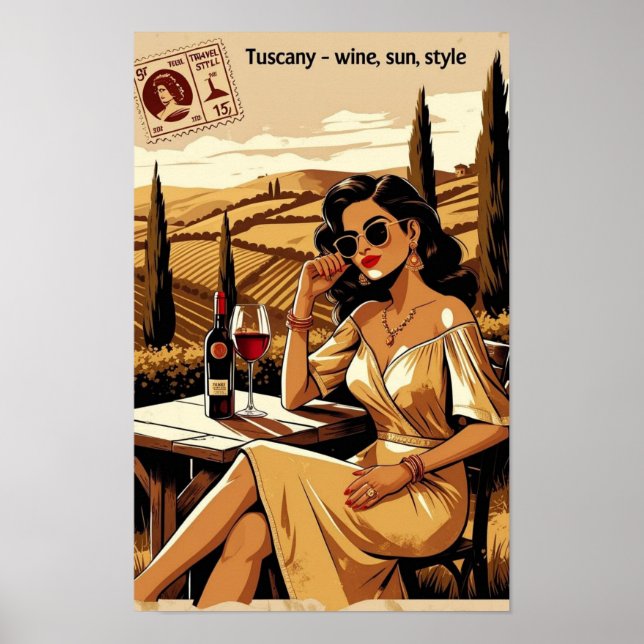 Póster Ilustracion de viñedos de la Toscana Retro - Elega (Frente)