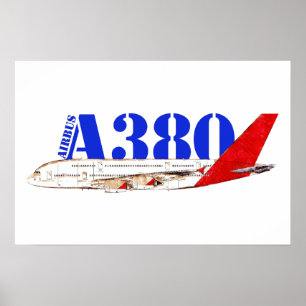 Póster Ilustración del Airbus A380 con diseño de cola roj