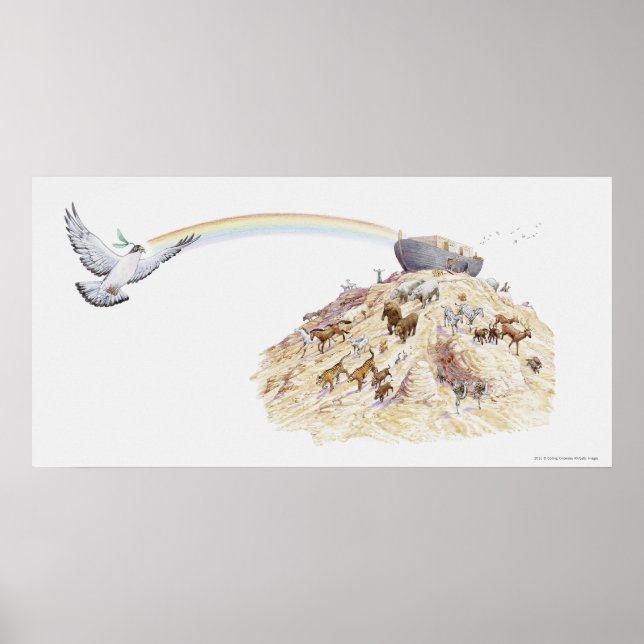 Póster Ilustracion del arca de Noé con animales abandonan (Frente)