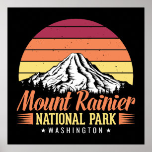 Póster Ilustración del atardecer retro del Monte Rainier 