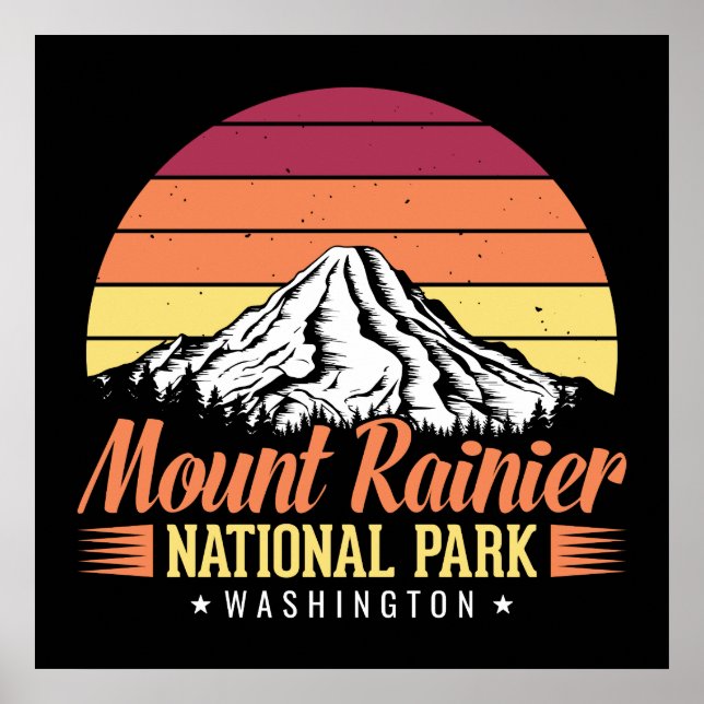 Póster Ilustración del atardecer retro del Monte Rainier  (Frente)