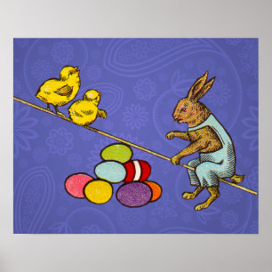 Póster Ilustración del conejo de Pascua poniendo huevos