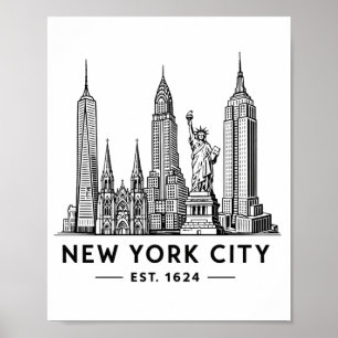 Póster Ilustración del horizonte de NYC con la Estatua de