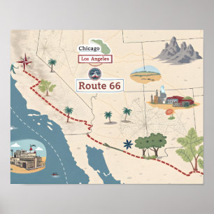 Póster Ilustración del mapa de viaje vintage de la ruta 6