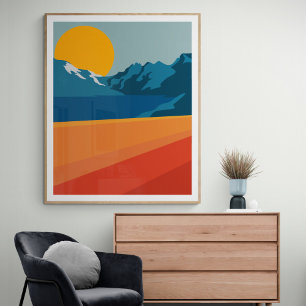 Póster Ilustración del paisaje montañoso retro rojo azul