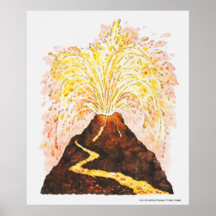 Póster Ilustracion del volcán que entra en erupción