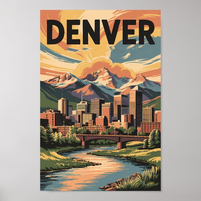 Póster Ilustracion Denver Colorado Sunset Travel Art (Frente)