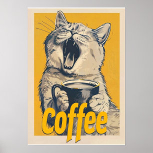 Póster Ilustración Divertida de Gato y Café – Gato Bostez