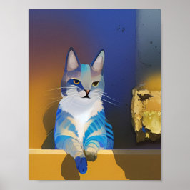Póster Ilustracion dorado del sol del gato azul