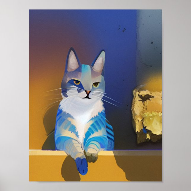 Póster Ilustracion dorado del sol del gato azul (Frente)