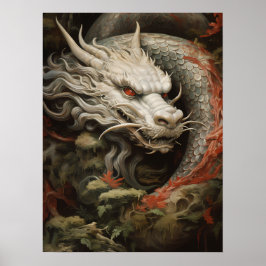 Póster Ilustracion Dragón oriental plateado Imprimir/